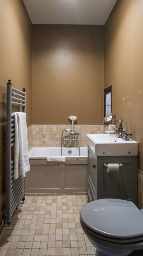 Earthy Small Full Bathroom with tall, warm brown walls, square beige floor tiles, a small tub with a built-in panel, a grey vanity, and a prominent chrome towel warmer radiator.