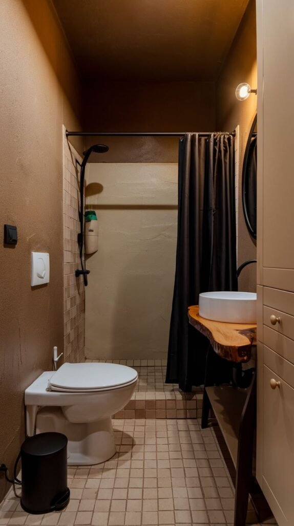 Earthy Small Full Bathroom with textured reddish-brown walls, a dark brown shower curtain separating the space, a white vessel sink on a live-edge wooden countertop, and beige tiled flooring.