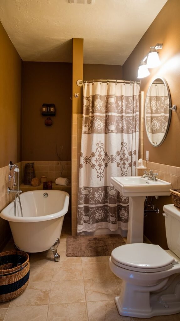 Earthy Small Full Bathroom with warm brown walls, a traditional white clawfoot tub, a white pedestal sink and toilet, and a patterned beige and brown shower curtain.