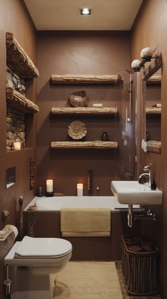 Earthy Small Full Bathroom saturated in rich brown walls, featuring a tub, a wall-mounted toilet, floating raw-edge wood shelves, and a rustic woven basket used for storage.