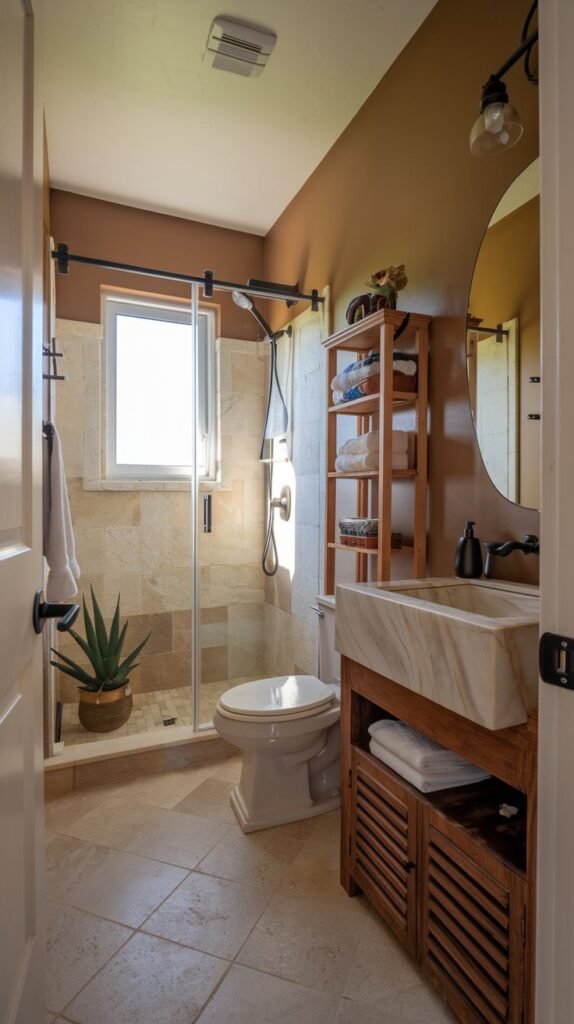 Earthy Small Full Bathroom with brown walls and light travertine-look floor tiles, featuring a chunky white marble vessel sink resting on a dark wood slatted vanity base, and a walk-in shower.