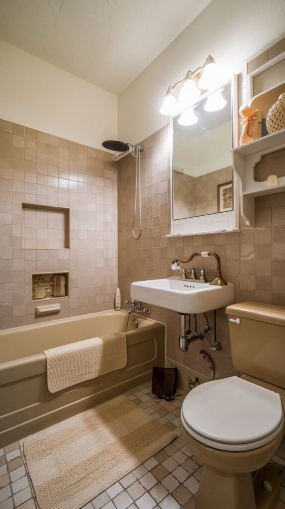 Earthy Small Full Bathroom with cohesive retro styling, featuring small square beige wall and floor tiles, a matching beige bathtub and toilet, and a white wall-mounted sink.