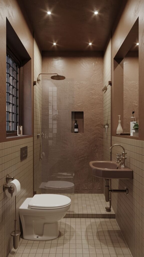 Earthy Small Full Bathroom featuring walls and ceiling in dark brown, textured stucco with recessed lighting, small beige square floor tiles, and a dark brown wall-mounted sink basin.
