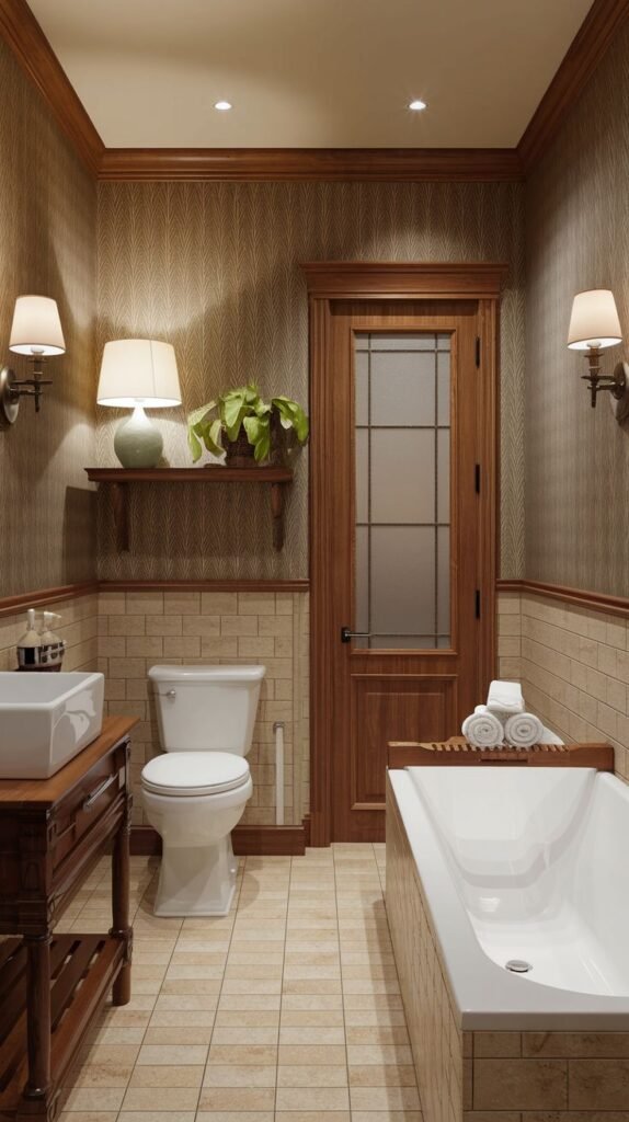 Earthy Small Full Bathroom with traditional dark wood trim, patterned brown wallpaper above light beige wainscoting tiles, and a white freestanding tub near a dark wood vanity.