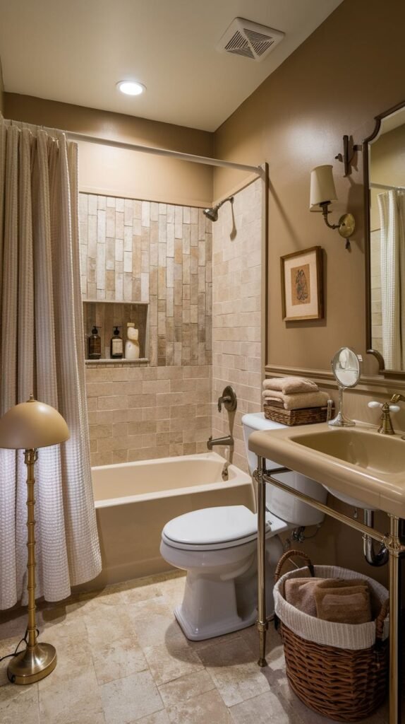 Earthy Small Full Bathroom with warm brown walls, light beige vertical mosaic tiles in the tub surround, a matching beige tub/toilet, and a pedestal sink with chrome legs and a woven basket underneath.