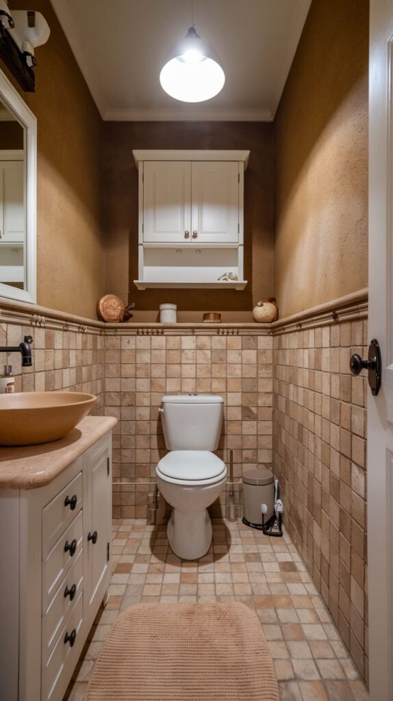 Earthy Small Full Bathroom (powder room view) with highly textured brown upper walls and square brown/beige tiled wainscoting below, centered on a white toilet and a white vanity topped with a cork-like vessel sink.