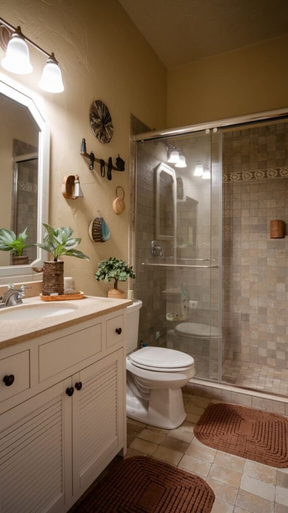 Earthy Small Full Bathroom with beige textured walls, a white louvered vanity, terracotta floor tiles, and a sliding glass door enclosure for the shower tiled in brown squares with a decorative border.