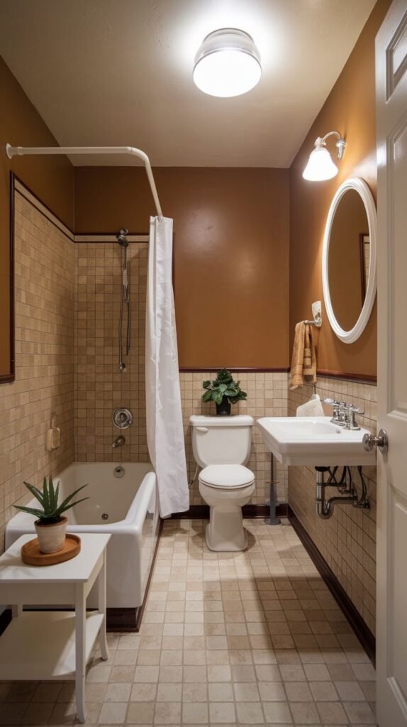 Earthy Small Full Bathroom with a dominant terracotta-colored upper wall, white pedestal sink, white tub/toilet, and light beige square tiling along the lower walls and floor.