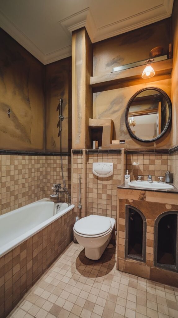 Earthy Small Full Bathroom featuring heavy brown/gold mottled wall plaster, small square brown mosaic tiles, and a tiled built-in vanity structure with dark arched openings supporting a sink basin and a round mirror.