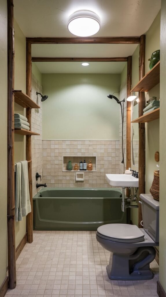 Earthy Small Full Bathroom with light sage green walls and small square beige floor tiles, featuring a distinctive olive green bathtub and rustic wooden framing/shelving accentuating the vertical space.
