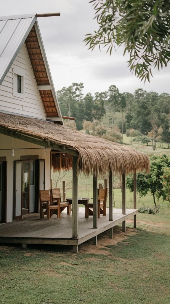 Raised wooden deck patio featuring a thick, natural thatched roof supported by wood posts, furnished with a simple wooden dining set, attached to a white-sided house, overlooking a grassy field.