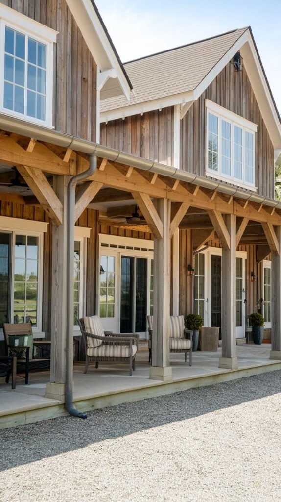 Long covered porch with an exposed timber post and rafter structure, over a paved or concrete floor adjacent to a gravel drive, attached to a house with weathered, distressed vertical wood siding.