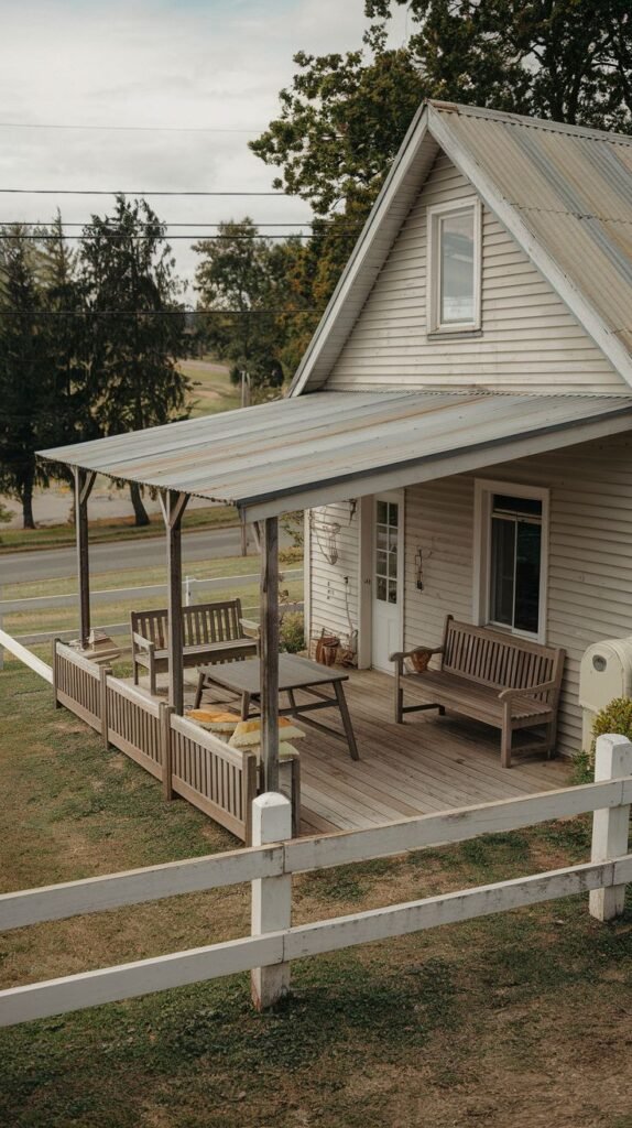 Small elevated wooden deck patio enclosed by a low wooden railing, covered by a simple shed roof with rusted corrugated metal, attached to a light horizontal-sided house with an attic dormer.