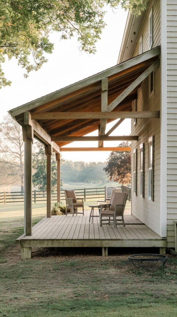 Side wooden deck patio with a high, steeply sloped shed roof supported by heavy exposed timber frame and bracing, featuring light-colored rocking chairs, attached to a horizontal shingle-sided house.