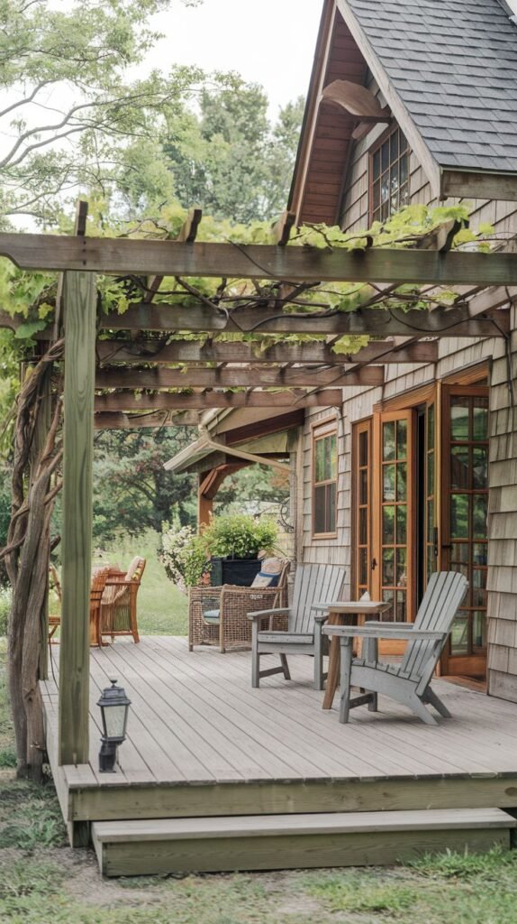 Wooden deck patio featuring a pergola structure completely overgrown and shaded by established vines and foliage, furnished with wicker and wooden seating, attached to a shingle-sided house.