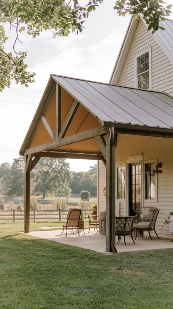 Covered concrete patio area featuring a prominent gabled roof with heavy timber trusses, furnished with rattan or wicker seating, attached to a cream-colored horizontal sided house.