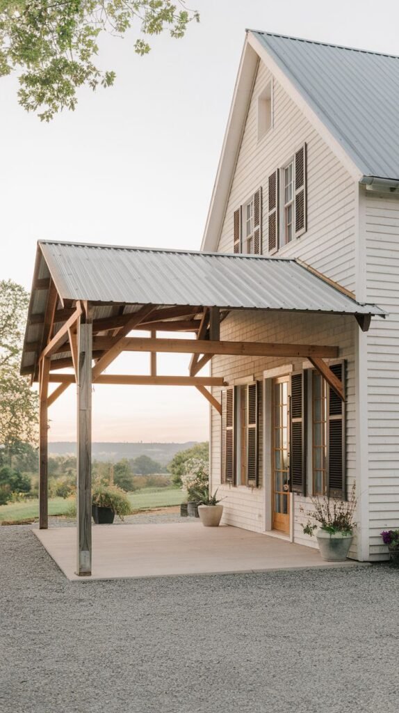 Covered concrete patio featuring a sharply sloped corrugated metal shed roof supported by a rustic wood frame, attached to a white horizontal-sided house with dark shutters, bordering a gravel drive.