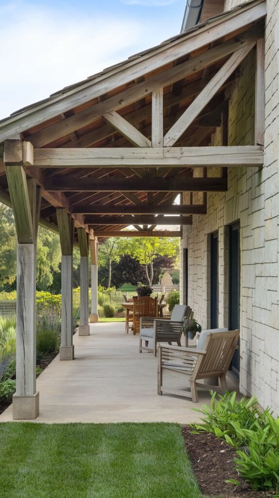 Extended covered concrete patio featuring an exposed timber frame structure with large vertical posts and bracing, attached to a light, textured stone or shingle-sided house.