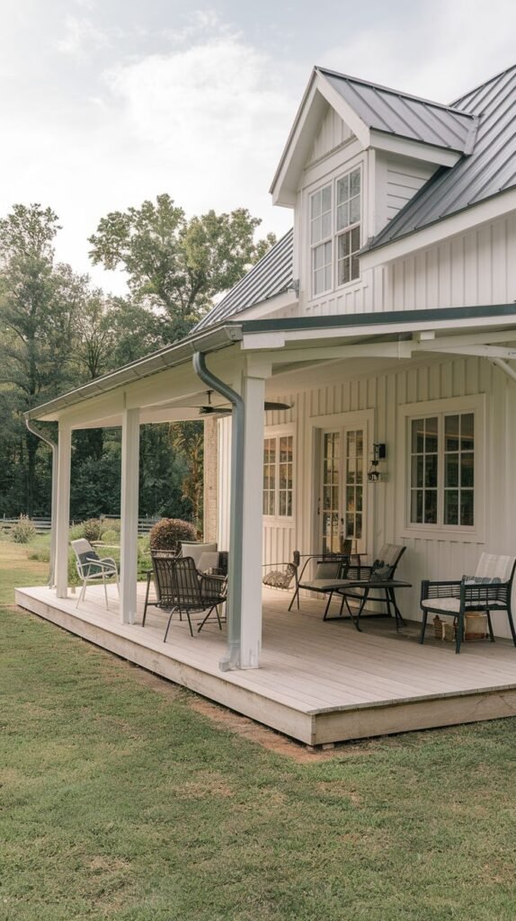 Wide, long, raised wooden deck porch painted entirely white, featuring white structural posts and a shed roof, attached to a white horizontal-sided house with a large dormer window.
