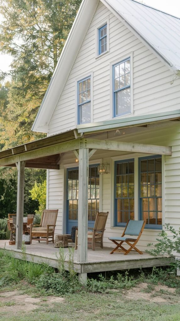 Covered wooden deck porch attached to a white clapboard house, featuring light blue window and door trim, shaded by a sloped roof supported by rustic wood posts.