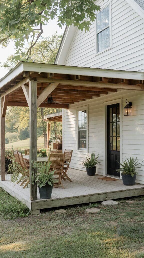 Covered wooden deck patio with a simple shed roof and exposed supports, attached to a white horizontal-sided house featuring a prominent black French door, configured as an outdoor dining area.