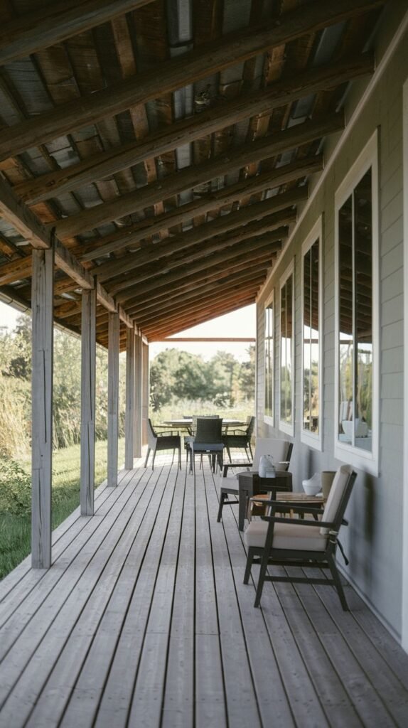 Long covered wooden deck patio with a deep overhang, featuring a dark exposed rafter and joist ceiling structure, running along a light grey-green horizontal-sided wall with a line of large windows.