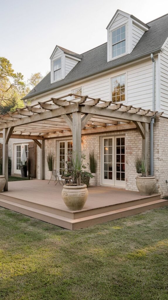 Large, raised brown deck featuring an open wooden pergola structure, attached to a house with white clapboard upper siding and light brick veneer below, decorated with large planters.