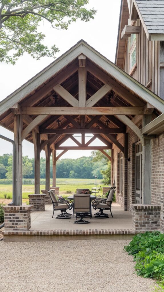 Covered side patio featuring a gabled roof with heavy timber trusses, posts resting on short brick pillars, over a concrete slab, attached to a rustic brick-sided house, bordered by gravel.