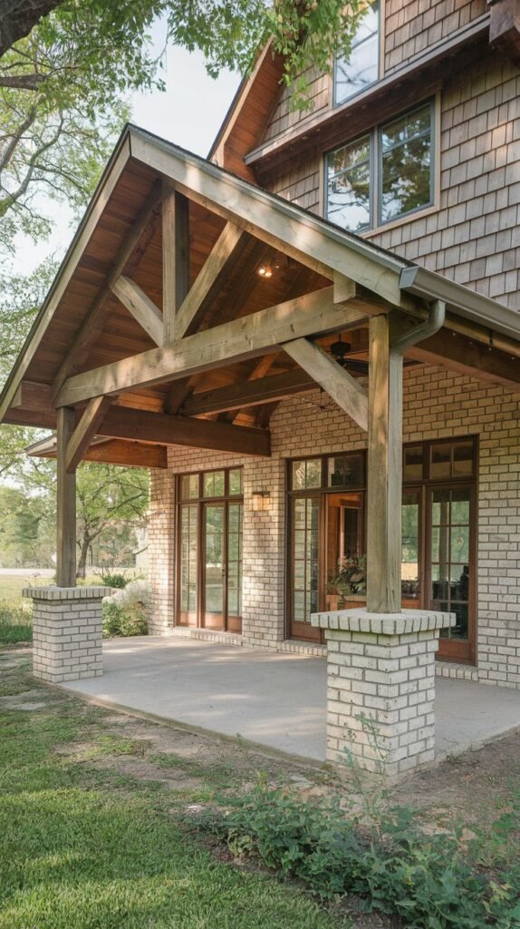 Covered entry patio featuring a substantial gabled timber frame roof, supported by posts resting on robust, square light-colored brick columns, over a concrete slab, attached to a house with light brick and shingle siding.