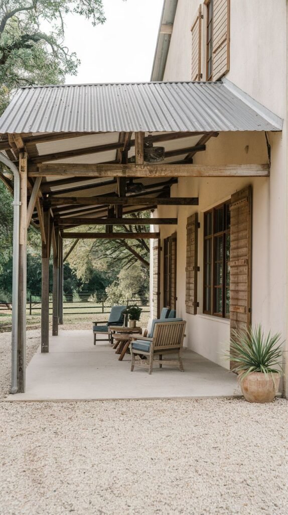 Long covered concrete patio with a corrugated metal shed roof and exposed wood frame, attached to a light stucco house with rustic wooden shutters, bordered by a gravel area.