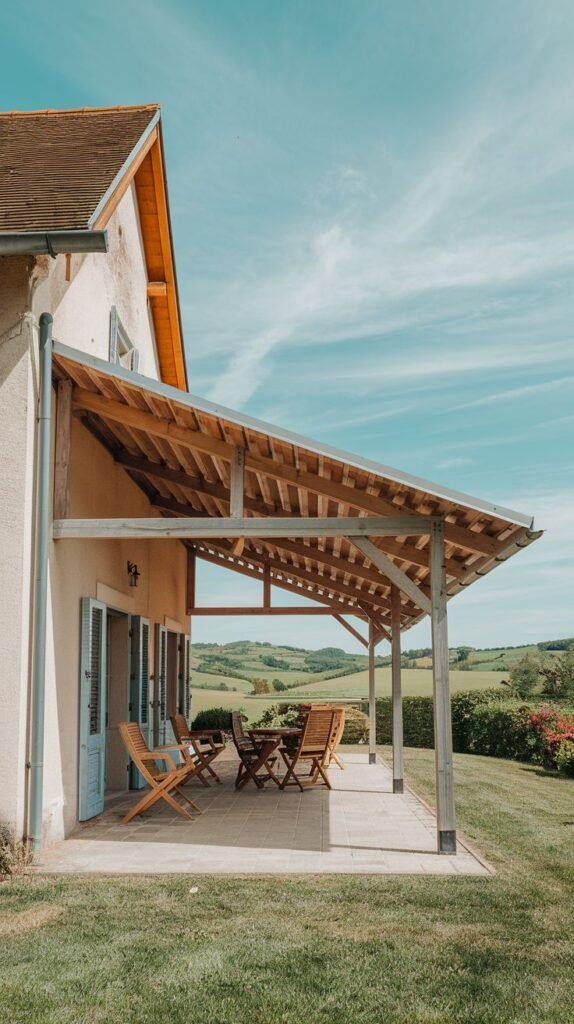 Covered concrete/tile patio with a steeply sloped roof structure featuring extensive exposed wooden rafters, attached to a light stucco building, used for outdoor dining, overlooking rolling green hills.
