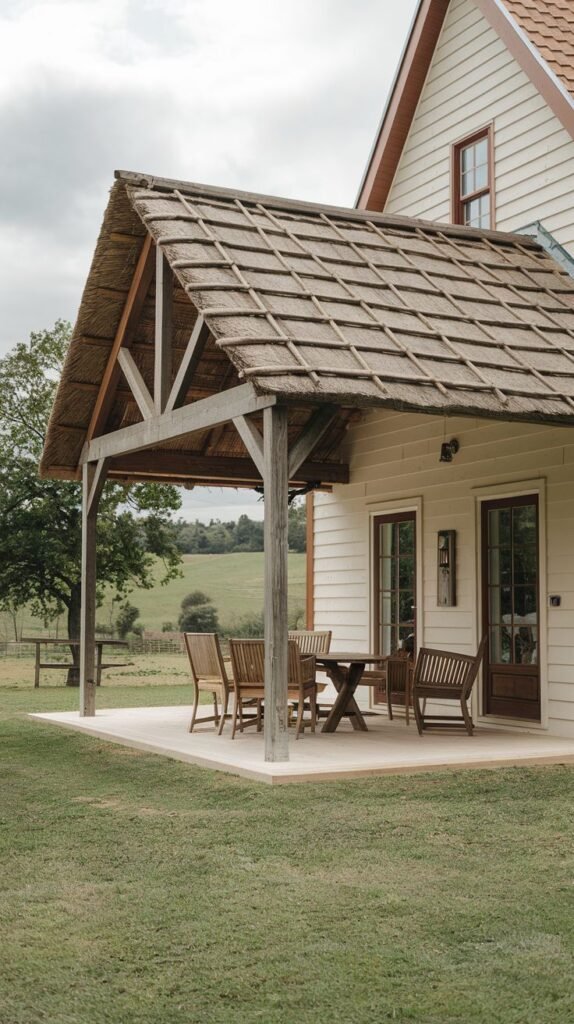 Covered concrete patio featuring a distinct thatched or woven shingled roof supported by rustic timber posts, utilized as an outdoor dining area adjacent to a light-colored clapboard house.