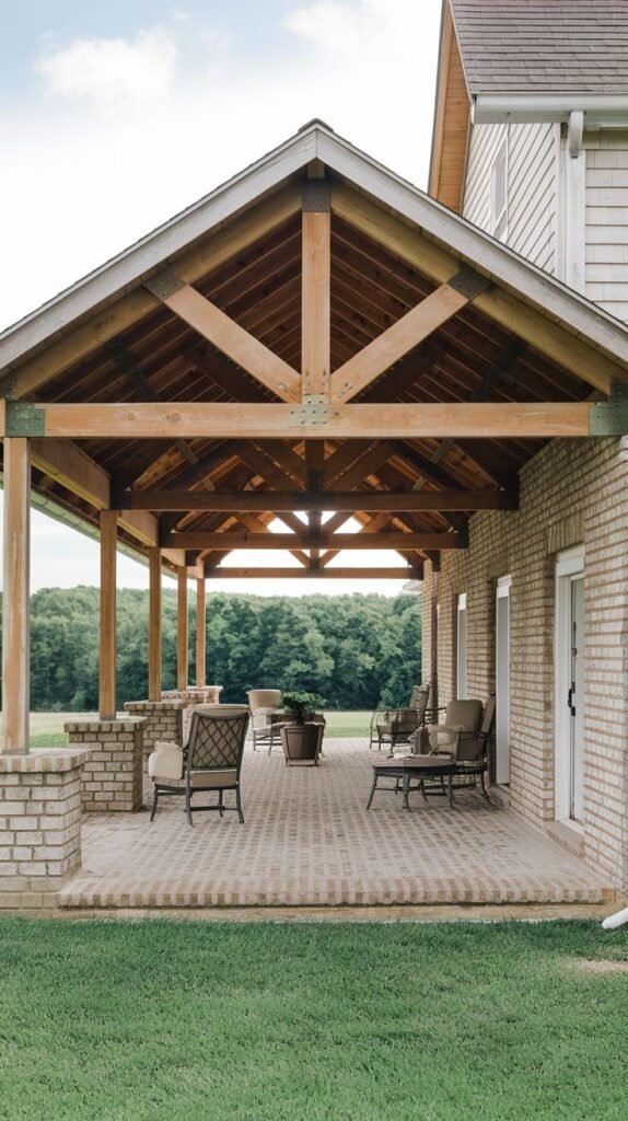 Expansive covered patio featuring a large gabled roof with heavy exposed timber trusses, supported by posts atop brick pillars, over a large patterned brick paver floor, attached to a light brick house.