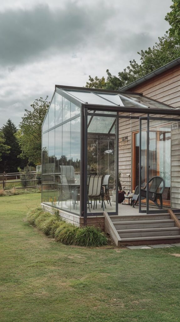 Gabled A-Frame glass extension with dark framing attached to a rustic horizontally sided wooden house, built on a raised deck with steps leading to a large lawn.