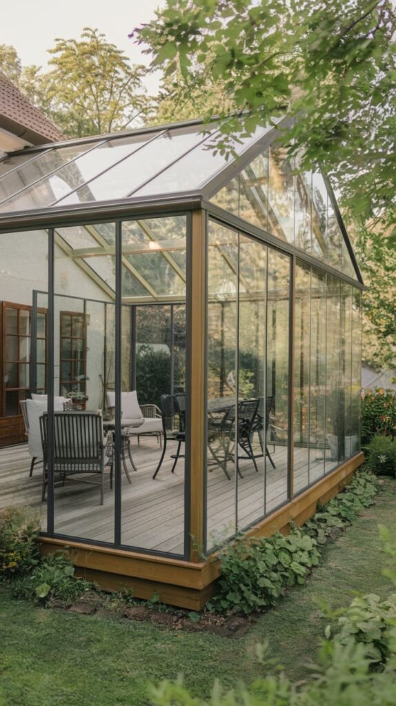 Spacious traditional gabled conservatory with dark framing, enclosing a dining and lounge area on a wide wooden deck, surrounded by lush garden greenery.