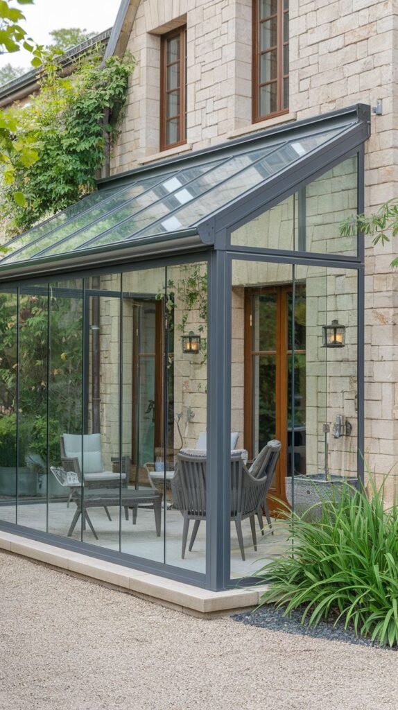 Monoslope glass roof patio with dark gray framing, installed against a traditional light stone or brick facade, with modern seating on a paved base surrounded by gravel.