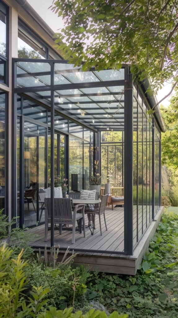 Large glass enclosure with minimal dark framing, maximizing transparency for outdoor dining on a raised wooden deck, surrounded by dense foliage.