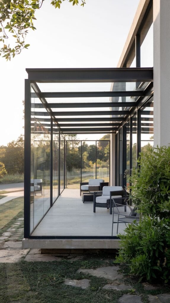 Minimalist, long glass structure featuring a simple dark frame and flat roof, offering deep sheltered lounging space on a light-colored patio extending from a white modern house.