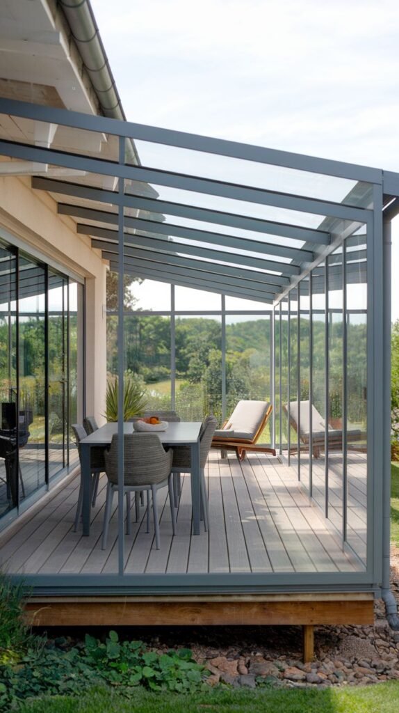 Long sunroom with a light gray metal frame, glass roof, and walls, installed on a wooden deck, showing distinct dining space and lounging area with sunbeds.