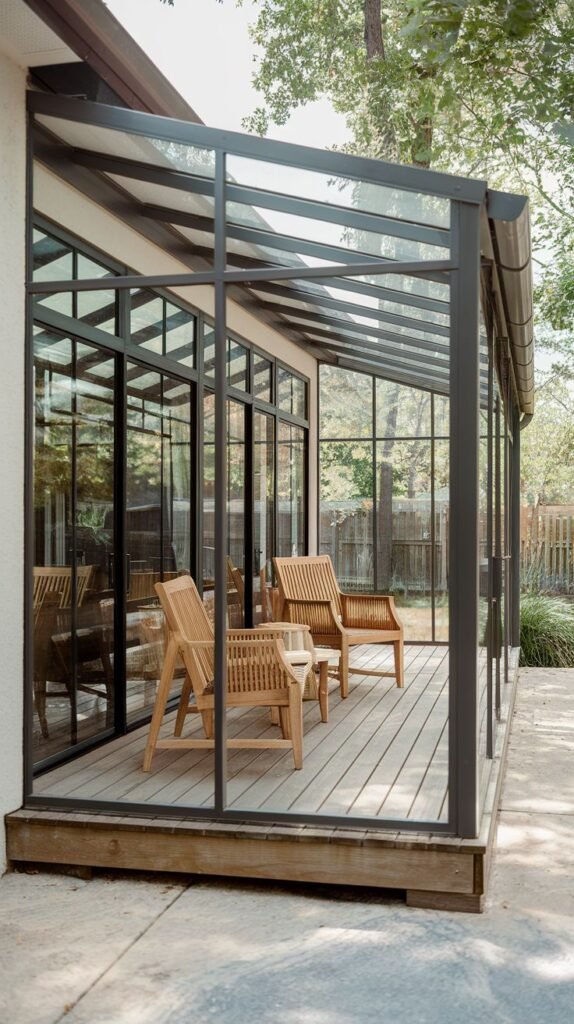 Black-framed patio attached to a white wall, featuring a detailed grid pattern of glass panels along the house side and hosting wooden lounge chairs on a wooden deck.