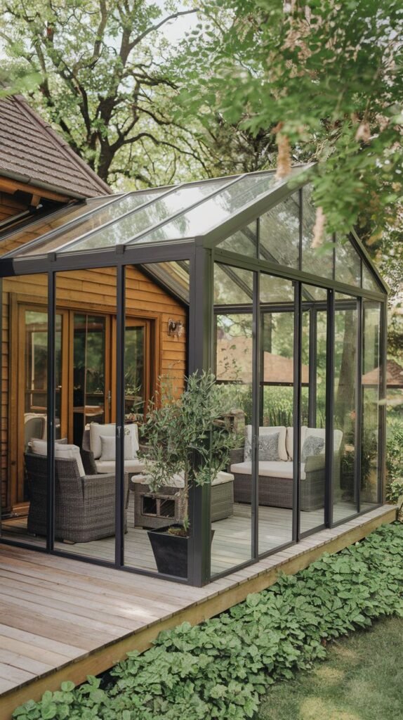 Traditional gabled glass structure attached to a rustic wooden cabin, framed in dark metal and enclosing woven seating, immersed in a wooded environment.