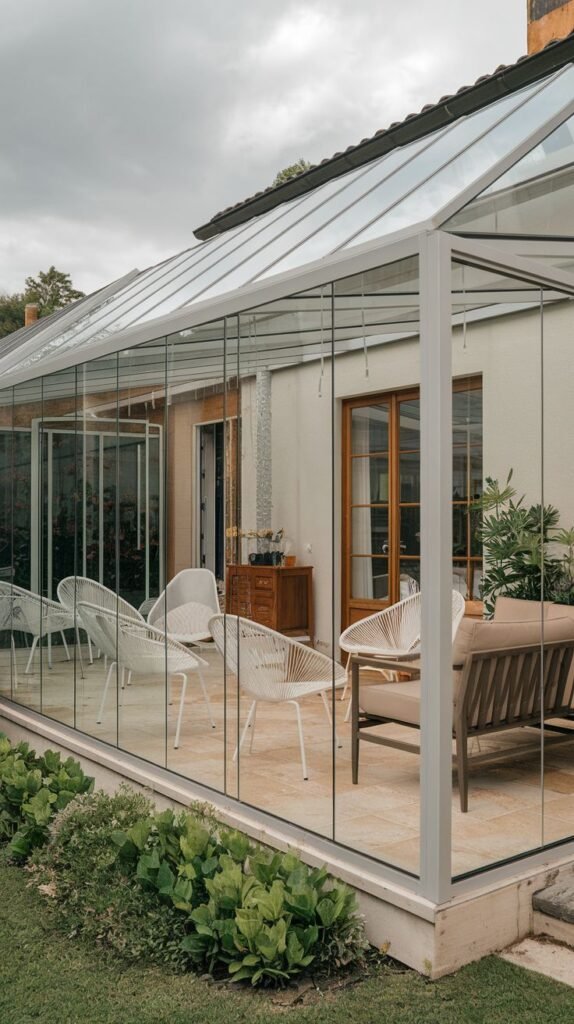 Long glass extension featuring a bright white framework and seamless glass walls, providing an airy lounge setting with white furniture on a light tiled floor.