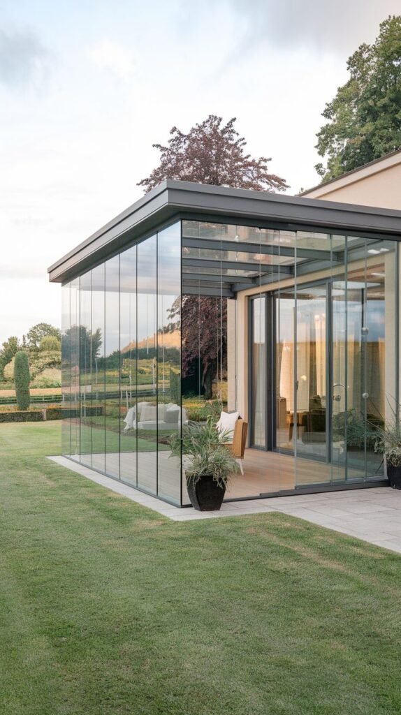 Sleek, low-profile glass enclosure with minimal dark framing, overlooking a large manicured lawn and garden, resting on a gray paved stone patio.