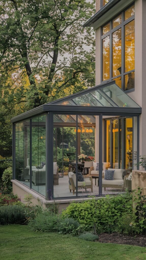 Angled glass conservatory with a dark frame attached to a multi-story tan house, featuring a plush interior lounge setting visible through the expansive glass walls.