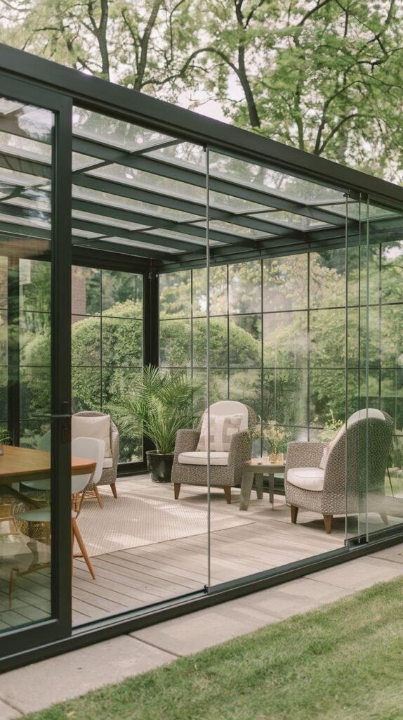 Glass room with a black frame and a visible grid pattern on the glass roof, containing rattan seating and potted plants on a wooden deck, framing views of dense foliage.