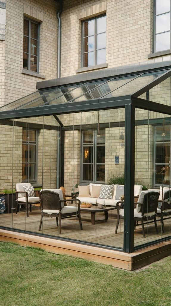 Glass sunroom with a sloping roof attached to a traditional light brown brick building, offering a spacious lounge area with cushioned rattan furniture on a wooden deck.