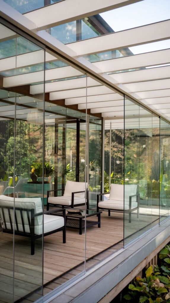 Modern glass enclosure where the clear roof is intersected by wide, opaque white structural beams, enclosing white-cushioned seating on a wooden deck.