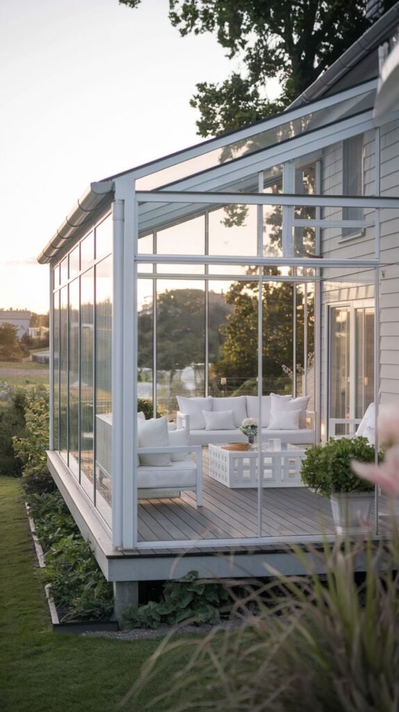 White-framed coastal style glass extension with a pitched glass roof, attached to a white-sided house and housing a white outdoor lounge set on a light wooden deck.