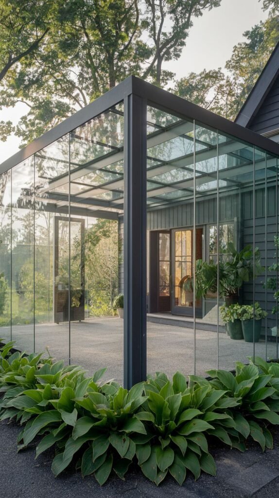 Minimalist corner glass enclosure with frameless walls and a flat glass roof, supported by a single dark post, built on a dark gravel base next to a dark-sided house.