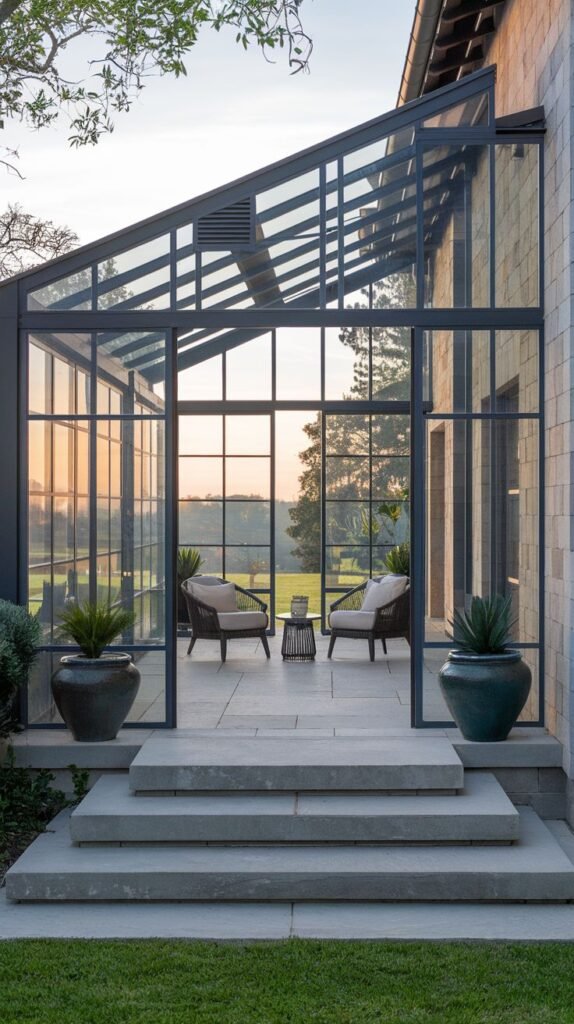Dramatic A-frame glass conservatory entrance with dark framing, leading out to a large paved patio with substantial stone steps and flanking planters, overlooking a field.